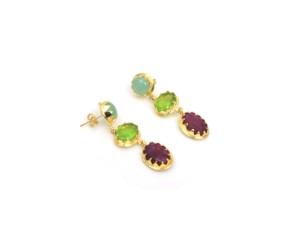 Boucles d'oreilles pendantes multi-gemmes en laiton plaqué or 18 carats, style vintage, formes mélangées, serties de pierres violettes pour femme - Product Image 3