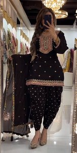 Ensemble Salwar Kameez en soie tissée à pois brodés de sequins blancs, réversible, avec dupatta, tenue de fête de mariage pour femmes, style Inde Pakistan - Product Image 4