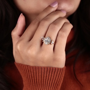 Oval Cut Lab Grown Diamond Halo Engagement Ring With Marquise Side Stones Wedding Ring IGI Certified Bridal Jewelry Supplier - Product Image 4