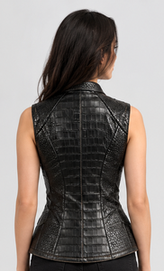 Women's <b>Black</b> Genuine Leather Lightweight Moto <b>Vest</b> V-Neck Zipper Front Stand Collar Solid Multiple Pockets High Street - Product Image 4