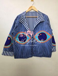 Veste matelassée en velours de haute qualité faite à la main pour femmes, bleu indigo, style bohème, manteau d'hiver, col rayé, broderie, cardigan ouvert sur le devant - Product Image 4