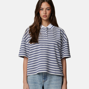 Polo de Manga Corta a Rayas para Mujer, Tejido, Casual, con Patrón Azul y Blanco - Product Image 4