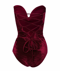 Women Velour <b>Bodysuit</b> Tummy Control Shapewear Firm Support Hollow Out Design Red Color - Product Image 2