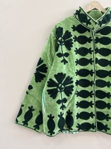 Green Mandarin Collar Blazer Full Sleeve Floral Embroidery Quilted <b>Velvet</b> <b>Women</b> Autumn Wear Hippie Style Finished Woven - Product Image 6
