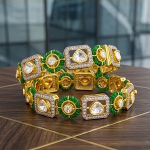 925 Silver Monzo Bangles Green <b>Stone</b> Crystal Designer Kada Set for Crystal Pear <b>Cut</b> Stones Women Wedding Jewelry - Product Image 2