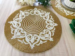 Handmade <b>Beaded</b> Polyester/Cotton Floral Embroidered Stripe Eco-Friendly <b>Placemat</b> Gold and White Home & Hotel Use - Product Image 4