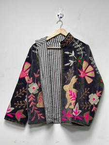 Vintage Black <b>Velvet</b> Suzani Embroidered <b>Jacket</b> With Floral And Rabbit Motif Full Sleeve Stand Collar Bohemian <b>Women's</b> Winter Coa - Product Image 3