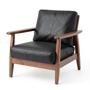 Fauteuil de salon de luxe en cuir de vache véritable noir, structure en bois brun naturel, fauteuil moderne pour salon, meubles de maison - Product Image 1