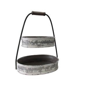 Bandeja de servir de metal galvanizado de 2 niveles con asa de madera, estilo rústico, soporte ovalado escalonado para pasteles, cupcakes y fiestas - Product Image 1