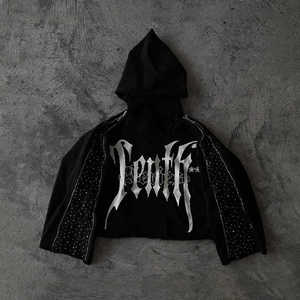 Sweat à capuche streetwear oversize personnalisé avec logo, pour hommes et femmes, imprimé graphique gothique, noir, coupe courte, vente en gros - Product Image 6