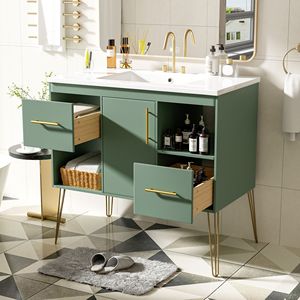 Mobile Bagno Moderno da 36 Pollici Autoportante con 2 Cassetti e 2 Vani Portaoggetti, Set Combinato con Lavabo in Resina - Product Image 2