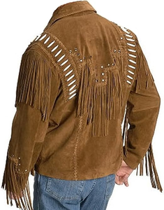 Handmade Brown Suede Leather Fringe Jacket <b>for</b> <b>Men</b> Western Cowboy Bone Style Tassel <b>Studded</b> Zip Up Vintage Outerwear - Product Image 2