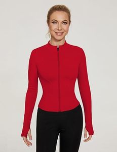 Women's Red Full Sleeve <b>Zipper</b> Turtleneck <b>Top</b> Breathable Spandex Polyester Solid Color Sportswear All Seasons Skinny Fit Pockets - Product Image 1