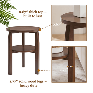 Table d'appoint ronde en bois de caoutchouc massif avec étagère de rangement à 2 niveaux, petite table de chevet pour salon et chambre à coucher - Product Image 2