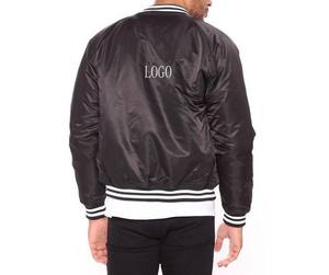 Men's Black Bomber Jacket With White Stripe Trim Embroidered Logo Front <b>Button</b> Closure Regular Fit Autumn Casual Style - Product Image 4