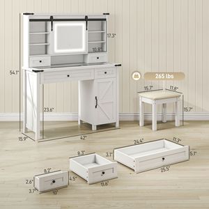 Set Toeletta in Palissandro con Luci a LED, Sgabello Imbottito Resistente, Cassetti Contenitore e Mensole per Camera da Letto, Colore Bianco - Product Image 3