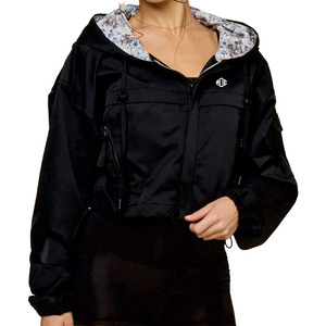 Custom Black Women's Cropped Windbreaker Packable Option <b>Lightweight</b> Hooded Zip Up Fitness Outerwear OEM Bomber <b>jacket</b> for men - Product Image 1