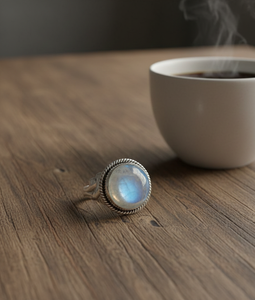 แหวนเงินแท้ 925 ทำมือ ประดับมูนสโตนทรงกลมแบบคาโบชอง สไตล์โบฮีเมียน วินเทจ เครื่องประดับสำหรับผู้หญิง ของขวัญสำหรับผู้หญิง ผู้ชาย และพี่สาว - Product Image 5