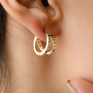 14K Rose Gold Multi Sapphire Huggie Hoop Earrings with Geometric Cuff Style - Product Image 1