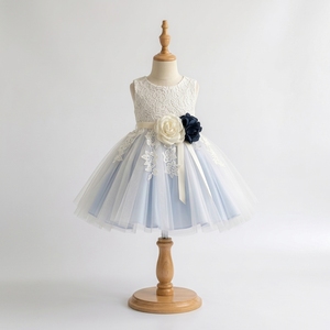 Robe de Demoiselle d'Honneur Tutupetti Élégante et Luxueuse, Bleu Poussière, Dentelle Ivoire, Tulle, Robe de Bal Sans Manches, Princesse, Mariage, Anniversaire, Enfants - Product Image 1