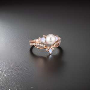 Anillo de Compromiso de Plata de Ley 925 con Baño de Oro Rosa de 14K, Certificado IGI, con Perla Vintage y Ópalo, Joyería para Mujer, para Fiestas - Product Image 4