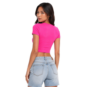 High Quality Front Cut-Out Crop Top Custom Logo Hollow women's shirt Cotton Knitted Solid Color Slim Fitted Baby Tee Summer Wear - Product Image 2