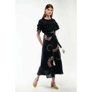 Bohemian <b>Black</b> Cotton Embroidered Midi Dress Women Ruffle Sleeve Floral Vintage Ethnic <b>Wrap</b> Style Dress - Product Image 1