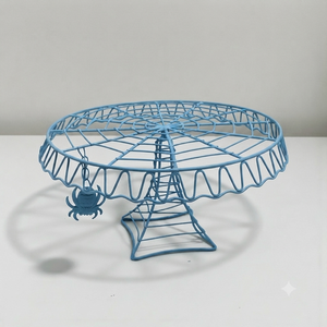 Blue <b>Wire</b> Round Cake Stand With Spiderweb Design And <b>Hanging</b> Spider Standing Type For Living Room Tabletop Decor - Product Image 1
