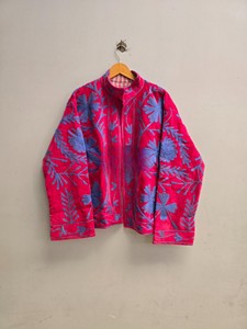 Handcrafted Women Velvet <b>Jacket</b> with Intricate Floral Embroidery and Standing Collar Vibrant Pink Hue <b>Jacket</b> - Product Image 1