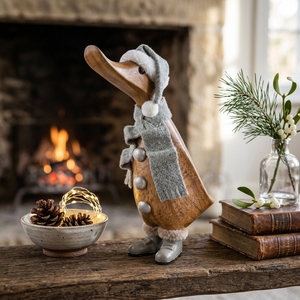 Handmade Wooden <b>Duck</b> Figurine with Gray Scarf and <b>Hat</b> Christmas Table Decoration Rustic Animal Sculpture for Living Room Display - Product Image 4