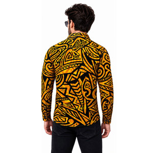 เสื้อเชิ้ตแขนยาวลายชนเผ่าสำหรับผู้ชาย สีเหลืองดำ พิมพ์ลายแบบซับลิเมชั่น แฟชั่นสำหรับทำงาน ระบายอากาศได้ดี ผลิตจากโพลีเอสเตอร์ - Product Image 5