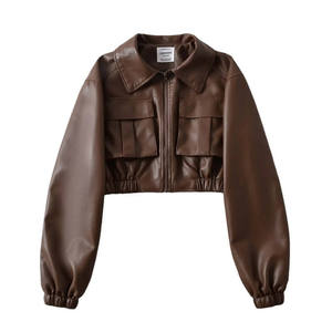 QASWA SPORTS Custom Women Cropped Leather Bomber <b>Jacket</b> Turn Collar Pocket Zipper Elastic Hem Casual Streetwear Vintage - Product Image 2