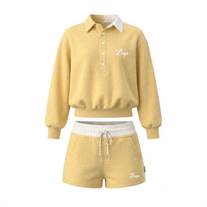 2026Women's Custom logo Two-piece <b>Sets</b>: Color-blocked Turn-down Neck Sweatshirts and Shorts Setsp Casual Long-sleeve <b>Set</b> - Product Image 2