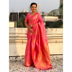 Baby Pink Soft <b>Silk</b> Traditional Zari Woven Saree Elegant Traditional Scarf & <b>Shawl</b> - Product Image 6