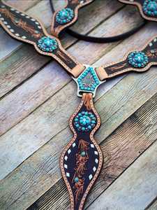 2026 High Quality <b>Leather</b> Turquoise Zebra Print Western Saddle Tack Set Hand <b>Tooled</b> Studs Conchos Breast Collar Reins for Horse - Product Image 5