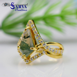 Women's Vintage Gold Plated <b>Ring</b> with Zirconia Natural <b>Moss</b> <b>Agate</b> Oval Cut Pave Setting Luxury Geometric Wedding Design - Product Image 1
