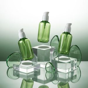 Cosmetic Bottle Round PET 80ml <b>Green</b> Plastic Treatment <b>Pump</b> Bottle for Skin Care Packaging Manufacturer Factory Vietnam - Product Image 3