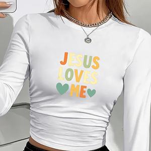 Camiseta de Punto de Manga Larga con Estampado de Jesús Me Ama, Estilo Y2K, Cuello Redondo, Manga Larga, Spandex, Poliéster, para Todas las Temporadas - Product Image 5
