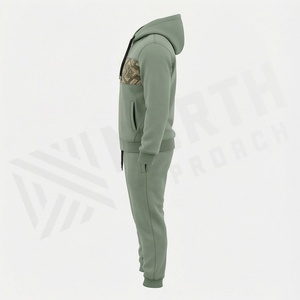 Men's Green Hooded <b>Tracksuit</b> Full Zip Geometric Pattern Casual Sportswear Set With Side Pockets Autumn Wear - Product Image 3