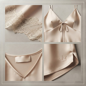 Ensemble de détente en satin pour femme, sans manches, col en V, couleur unie, short, deux pièces, vêtements de nuit, style printemps, taille élastique, 100% soie - Product Image 5