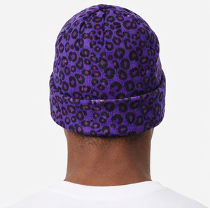 Custom Logo Purple Leopard Print Rib <b>Knit</b> Beanie OEM Purple <b>Animal</b> Print Cuffed <b>Knit</b> Beanie Leopard <b>Pattern</b> Winter <b>Knit</b> Beanie - Product Image 3