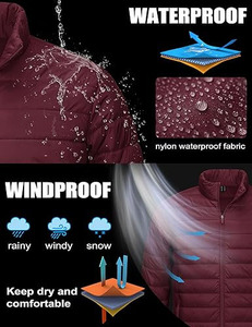 <b>Men's</b> Maroon Lightweight <b>Canvas</b> Puffer <b>Jacket</b> Stand Collar Zipper Closure Windproof Casual Winter Wear Solid Color Slim Front - Product Image 5