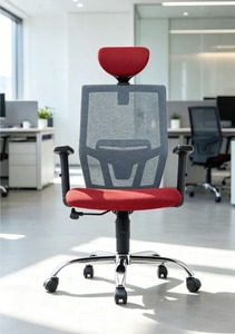 Modern <b>Ergonomic</b> Mesh Office <b>Chair</b> Red Seat Chrome Base Fixed Armrest Built-In Headrest Swivel Commercial Furniture Office - Product Image 1
