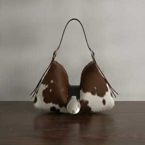 Cowhide Leather Bag Oval Shape Shoulder Strap Zipper Closure Lightweight Durable Eco-Friendly Brown White Unisex - Product Image 2