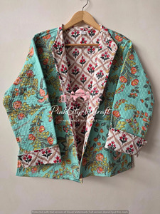 Handmade Knitted Indian Cotton Quilted <b>Jacket</b> Women Block Print Kantha Stitch Reversible Floral Design <b>Lightweight</b> Boho Winter - Product Image 2