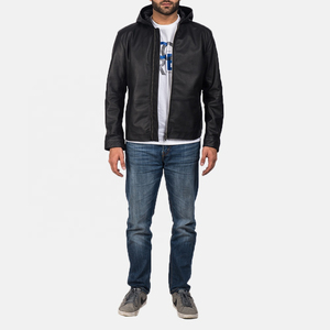 Blouson moto pour homme en cuir véritable noir, à capuche, fermeture éclair sur le devant, coupe classique, pour l'hiver, col montant, imperméable et coupe-vent - Product Image 2
