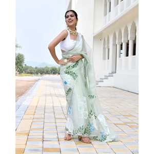 ผ้าซารีผู้หญิงแบบดั้งเดิมสวยงามมีสไตล์ น้ำหนักเบา ผ้าออร์แกนซ่าอย่างดี วาดลายด้วยมือ แห้งเร็ว ทรงปกติ เหมาะสำหรับงานแต่งงานริมชายหาด - Product Image 3