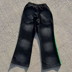 Trousers Custom Men's Vintage Trousers Casual Wide Leg Rhinestone Pants With Distressed Flared Design Made Fleece <b>Jogger</b> Fabric - Product Image 6