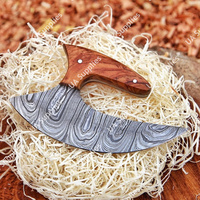 Handgesmeed Damascus staal modern Alaska-stijl Ulu-mes, halvemaanvormig lemmet, olijfhouten handvat, superscherp, ambidextrous, milieuvriendelijk