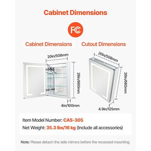 Specchio LED da Parete Incassato 20 X 26 con 3 Colori Dimmerabili, Armadietto Illuminato per Bagno - Product Image 2
